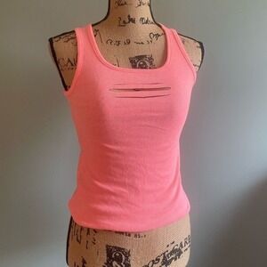 Handmade Upcycled Neon Rave Cut Out Chic Ribbed Summer‎ Tank Top Coral Size XS